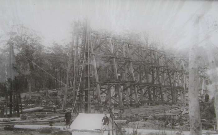 An early photo showing the precarious position of the workers when building the Stony Creek Trestle Bridge
