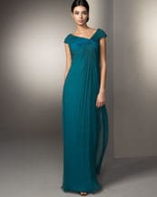 Tadashi Asymmetric Knotted Silk Gown, Deep Aqua, Asymmetric neckline gathered into knot at left chest, cap sleeves, shirred skirt; $390. Available at neimanmarcus.com. Photo credit neimanmarcus.com