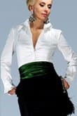 As featured on brides.com; photo credit brides.com; designed by Charles Nolan; White cotton tuxedo shirt $178; black silk taffeta skirt $598; green taffeta sash $150 accessories: Swarovski crystal and jade CZ earrings $390 by Edict; feather