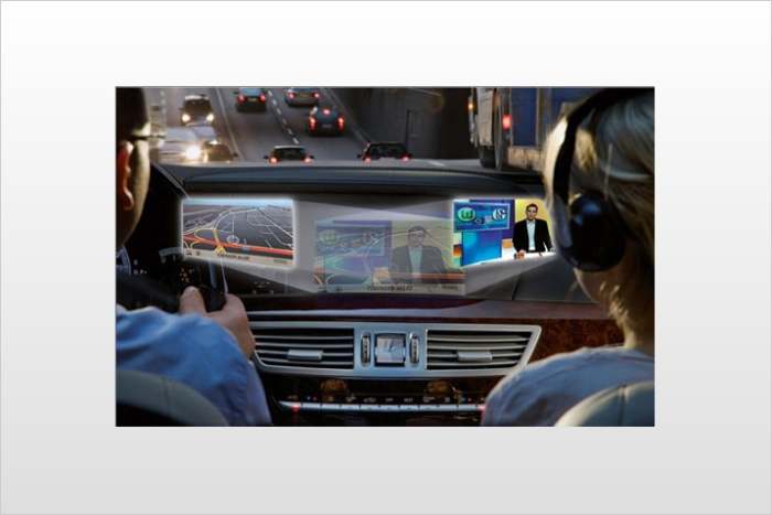Mercedes Benz has introduced new technology that lets two different images or programs be displayed onscreen at once on the instrument panel
