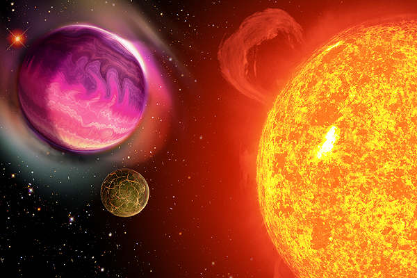 Artist's conception of an extrasolar planetary system: The Multi-object APO Radial Velocity Exoplanet Large-area Survey (MARVELS) will monitor the radial velocities of 11,000 bright stars, with the precision and cadence needed to detect gas giant pla