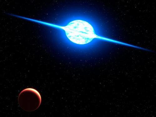 The massive, bright young star, called VFTS 102, rotates at a million miles per hour, or 100 times faster than our sun does. Centrifugal forces from this dizzying spin rate have flattened the star into an oblate shape and spun off a disk of hot plasm