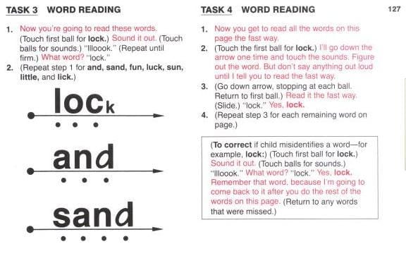 This sample page from the book shows how the lessons are scripted in different colors. This page is about 1/3 of the way through the lessons.
