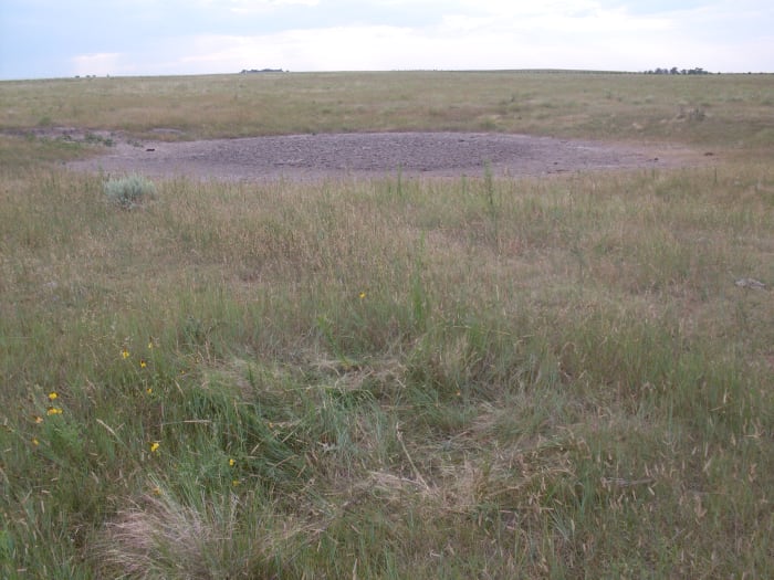 This is the Buffalo Wallow, in September 2009. There was no water in it, and the mud had dried. It is called a wallow because the bison who came through the area would roll in it to get away from the insects and to cool themselves.