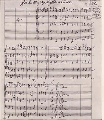 Manuscript from Matthew Locke's Music for his Majestys Sagbutts and Cornetts (1661), probably written for the coronation of Charles II.
