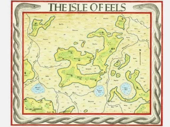 Ely, the 'Isle of eels' is shown in its marshy environs, separated from the mainland by 'lodes'or channels,swamp and marshland