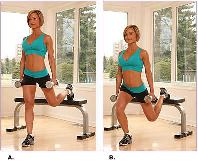 super hard bench lunges - take your exercise up a level - use weights and a bench - beautiful blond lady in teal two piece exercise outfit