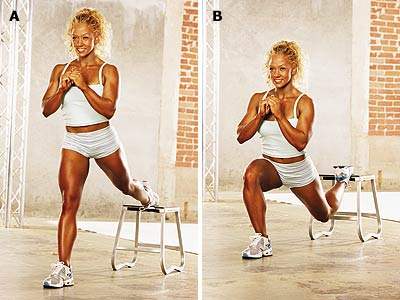 One Leg dipping lunges demonstrated in split window with blond lady in white tank top and white shorts