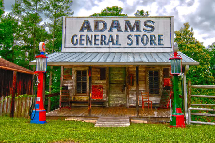 Old General Store with Visible Gas Pumps that have Gas Pump Globes on Top