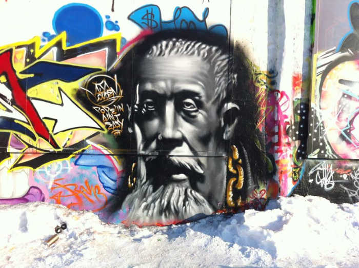 In Edmonton there's the usual high school grad graffiti on the bridges. The neophytic "your mama" graffiti on the pavement. And the unimaginative defacement of signs to no purpose. These are thoroughly uninteresting. There are, however, some examples