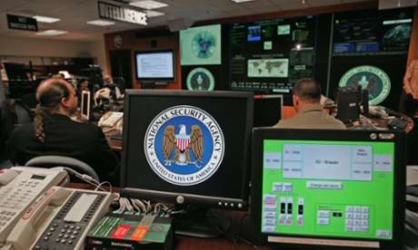 A computer workstation showing the National Security Agency (NSA) logo inside the Threat Operations Center in the Washington suburb of Fort Meade, Maryland