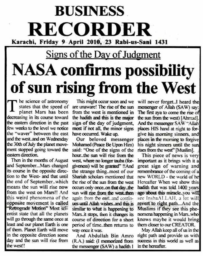 A newspaper report about NASA confirming the possibility of the Sun rising from the place of it's setting.