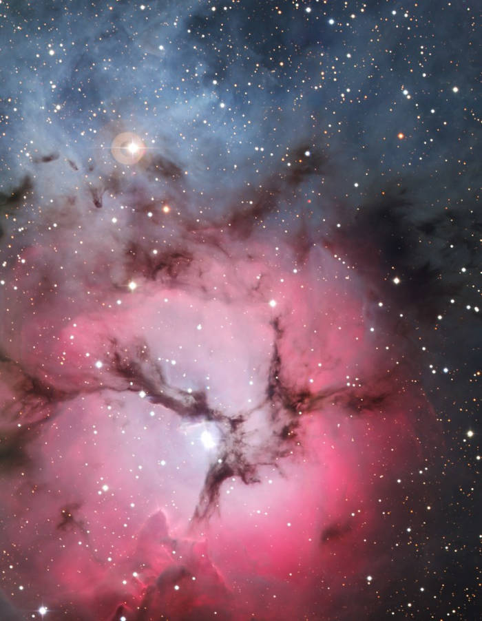 A rare combination of three different nebulae, the Trifid Nebula reveals the fury of newly made stars and point to more star births in the future.