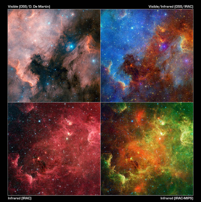 Using various combinations of infrared and visible observations from NASA's Spitzer Space Telescope and the Digitized Sky Survey, the appearance of the North American nebula drastically changes.