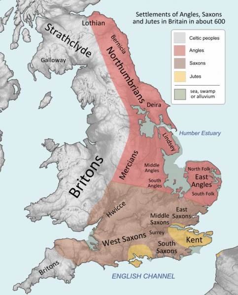 The settlement areas: the Jutes came first to 'police' southern Britain; the Aengle (Angles) entered the eastern rivers, the Humber, Ouse and Trent in the north, the Wash in the east; the Saxons settled the south and south-west