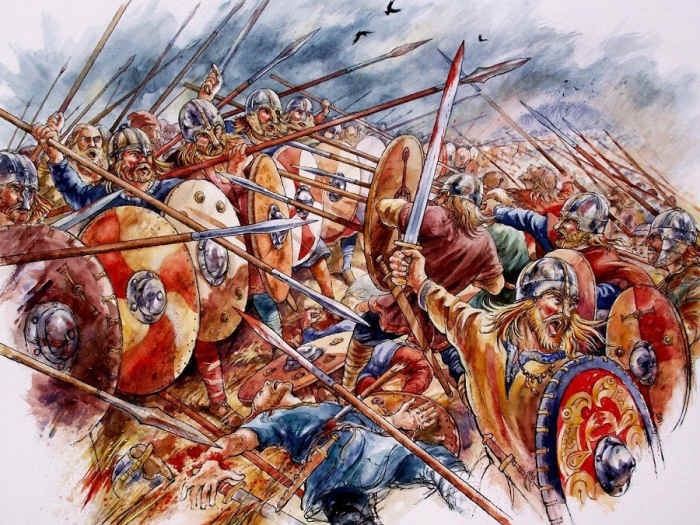 Tried and tested defensive formation. The shieldwall holds off an un-concerted attack, with shields overlapping, spears pointed outward. Harder is when shieldwalls meet, the stronger pushes the opposition back until it breaks