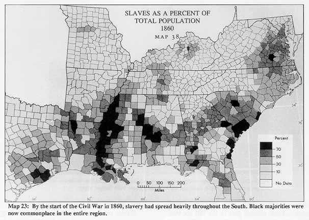 1860 slaves as a % of total poplation as you can see many places on the east coast have greater then 50% with many reaching over 70%.