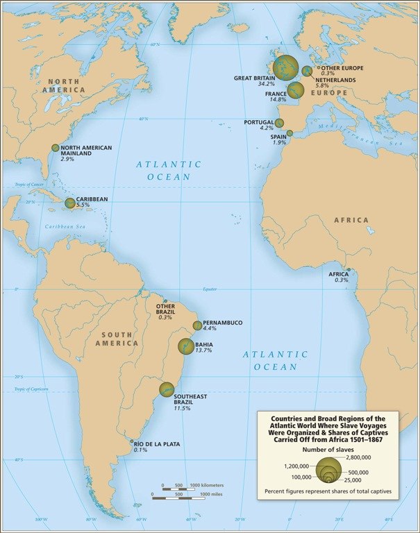 Countries and regions in the Atlantic World where slave voyages were organized, by share of captives carried off from Africa