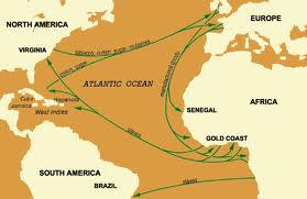 Textiles, rum and manufactured goods from Europe to Africa, Slaves from Africa to Americas and luxury goods from Americas to Europe set up the triangle.