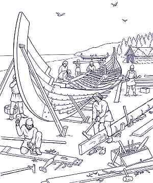 Drawing of shipyard builders, showing the various activities involved, such as trimming strakes (lower right)