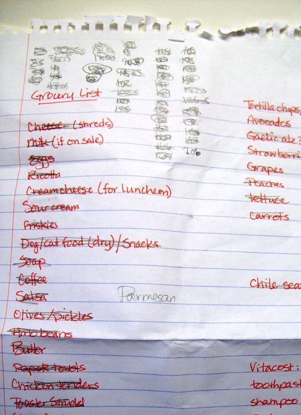 Here's my grocery list. I've crossed things out, written my tallies, folded it, wrinkled it - it's served me well.