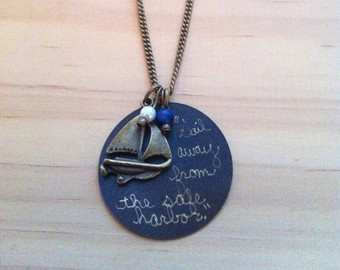 silver and blue necklace pendant with Mark Twain motivational quote - sail away from the harbor