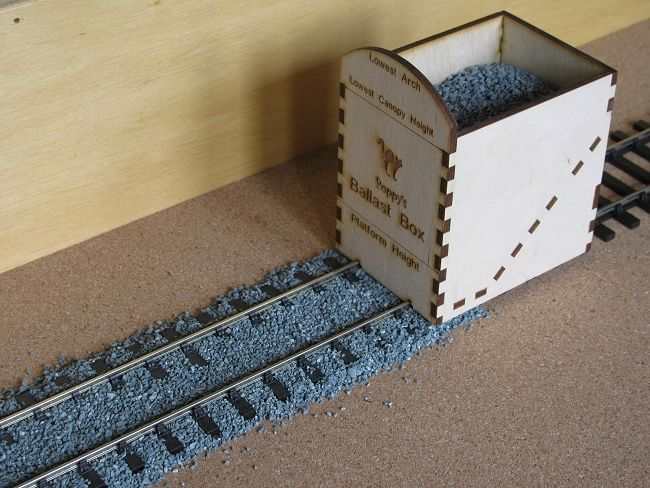 Showing the Ballast Box in use - use a small, soft dry brush to move surplus along between the rails. Press down lightly and slide along the railtops - this gives you the ideal ballast profile