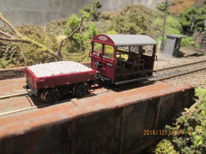 The trolley sits on the bridge at Ayton Row near the tunnel mouth with the fog hut behind