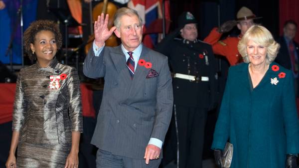 Prince Charles, the Duchess of Cornwall, and Gov. Gen. Michaelle Jean arrive for welcoming ceremonies St. John's, N.L., on Monday, Nov. 2, 2009