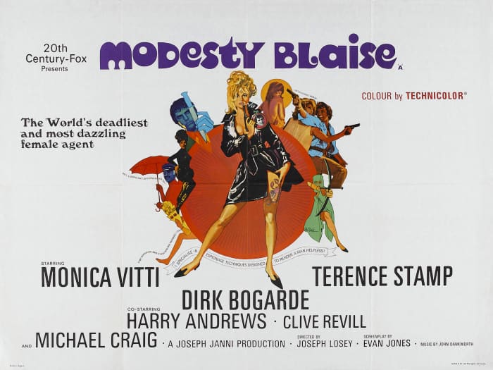 Modesty Blaise (1966) starring Monica Vitti in the eponymous role, Terence Stamp as Willie Garvin and Dirk Bogarde as the villain
