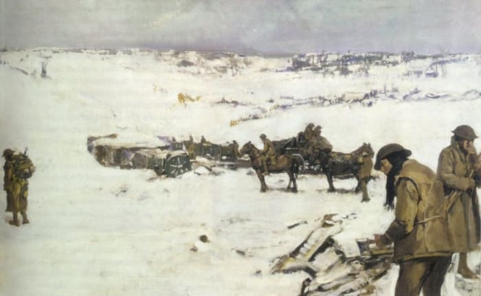 Mametz, Western Front: men, animals and supplies in snow covered valley (1919) by Frank Crozier (1883-1948), Australian official war artist. Depicts a scene in the rear area of I Anzac Corps during the Battle of the Somme, winter of 1916-17