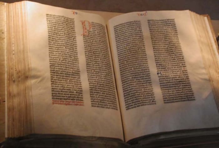 Taken by Mark Pellegrini on August 12, 2002. I hereby release it under the GFDL. http://en.wikipedia.org/wiki/File:Gutenberg_Bible.jpg