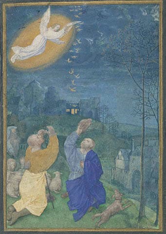 Public domain ~ copyright expired: 15th century http://en.wikipedia.org/wiki/File:Annunciation_to_the_Shepherds_miniature.jpg