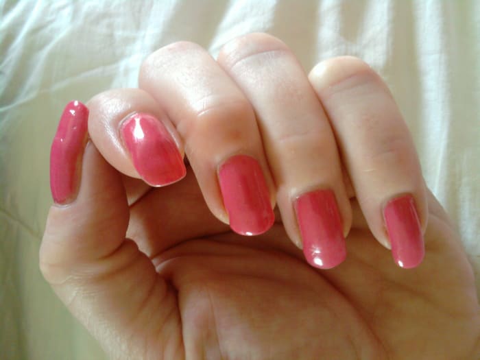 Taken this morning, I last polished these 3 weeks ago!! Shown: Ulta Salon Formula Nail Lacquer in "Sweetheart Pink"