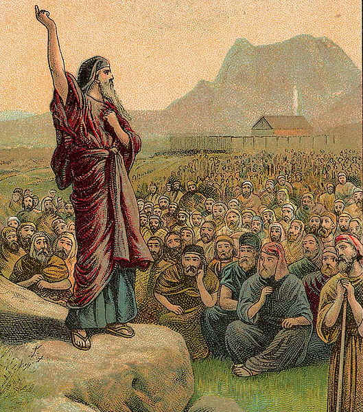 "Moses in the Desert" -- Moses Pleading with Israel; Deuteronomy 6:1-15. Actually a Bible collection card from 1907.