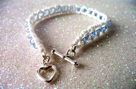 Little Girls Handmade Bead Woven Bracelet in Light Sapphire and White