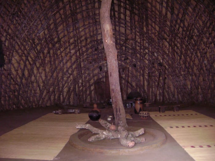 The inside design of the Zulu hut; note the central post and the bent stalks which are then covered with thatch