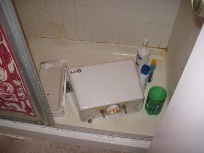 The Plumber removed the tank from the toilet and placed it in the shower stall.