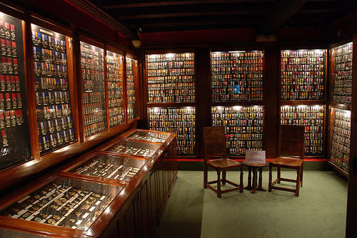 The Medal Room of the Green Howards Museum in the Market Place, Richmond - complete with the mouse carvings on the officers' mess furniture made by Robert Thompson of Kilburn near Thirsk (workshop open to the public) and an array of Victoria Crosses