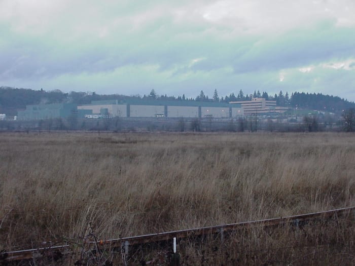 Seen in the distance, this plant manufactured electronic memory products for about a ten year period in Eugene, OR. Shixiu worked for about the last four years until the closure in the fall of 2008