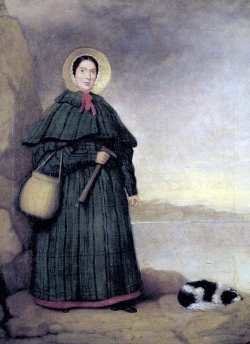 Portrait of Mary Anning with her dog Tray and the Golden Cap outcrop in the background,