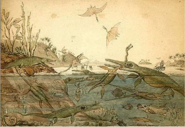 Duria Antiquior, 1830, is the famous watercolor painted by Henry de la Beche depicting life in ancient Dorset based on fossils found by Mary Anning