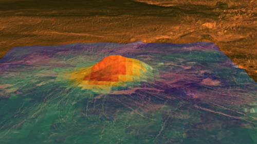 The 2.5 km high volcano Idunn Mons shows exhibits a heat signature close to its central vent, in this thermal and radar image - clear evidence that Venus remains active