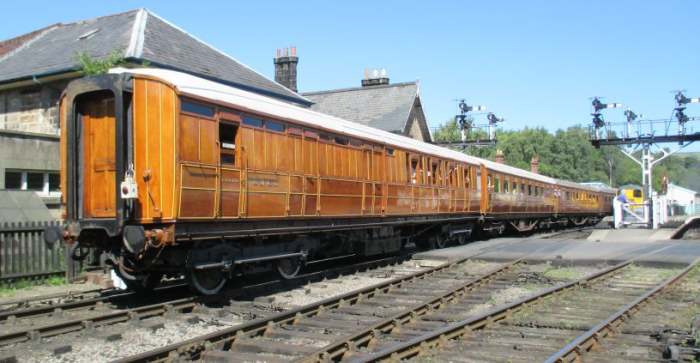 A train of Gresley stock moves through Grosmont station in the Whitby direction. The nearest is an early - 1920s built - four compartment 61'-6" main line side corridor Brake 3rd