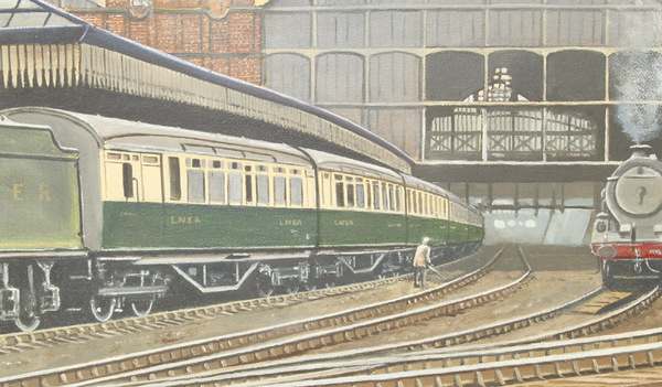 Framed watercolour of a K3 2-6-0 with tourist stock at a former GC main line station - possibly Nottingham or Sheffield Victoria in the 1930s. ('Mablethorpe here we come!')