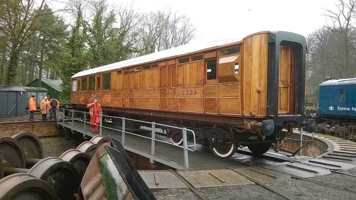 Gresley side corridor brake 3rd on the turntable, Pickering, North Yorkshire Moors Railway - this view shows the guard's window ducket on the other side