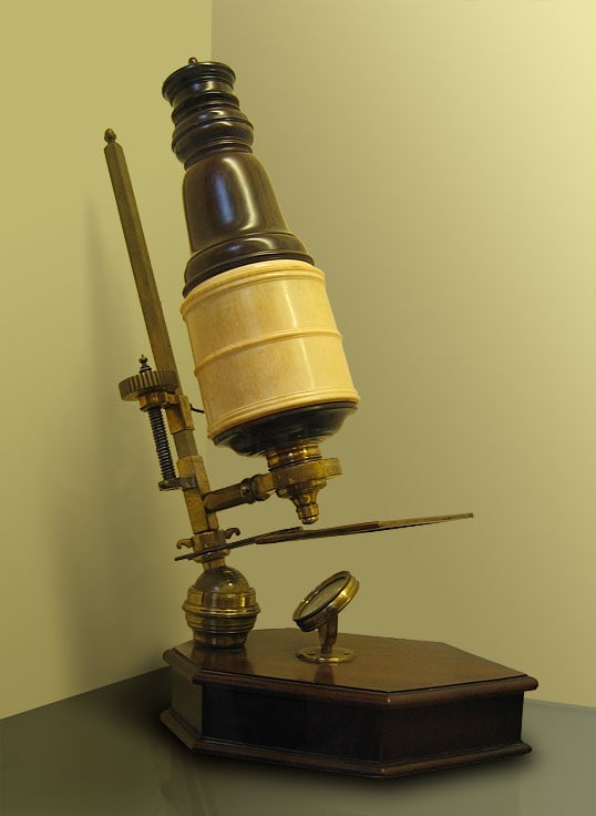 : A 17th century compound microscope similar to the one Robert Hooke would have used to compile his Micrographia. From the Whipple Museum of the History of Science in Cambridge.