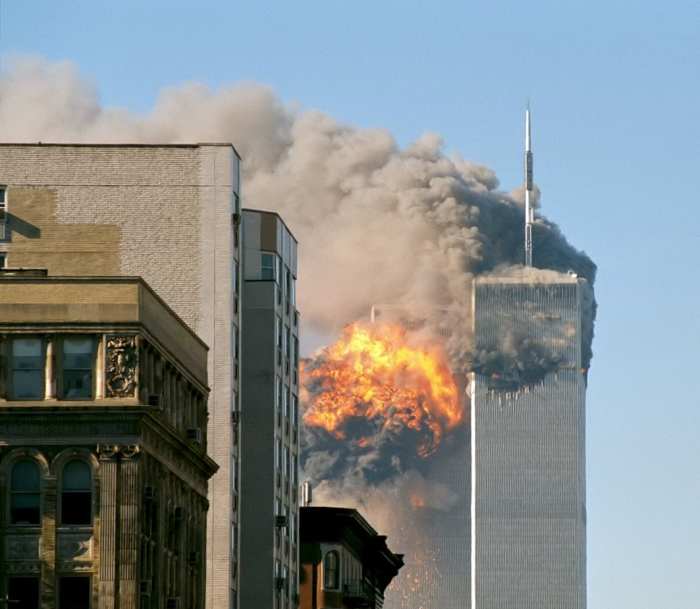 United Airlines Flight 175 crashes into the south tower of the World Trade Center complex on 09/11/01, creating an explosion that would eventually bring the tower down.