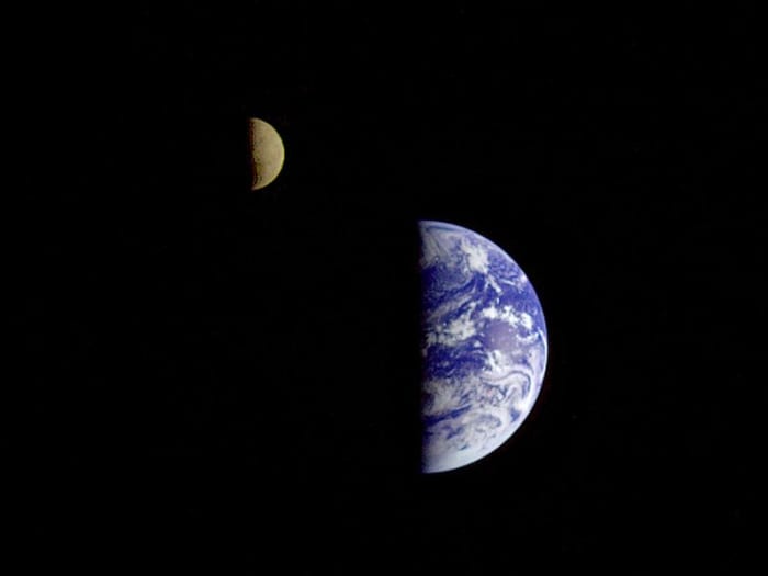 This picture of the Earth and Moon in a single frame was taken by the Galileo spacecraft from about 3.9 million miles away.