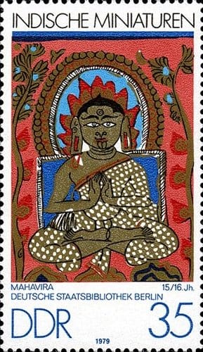 DDR (German Democratic Republic) issued a postal stamp on 5th August 1979 to honor Indian miniature paintings. The beautiful stamp portrays miniature painting of Mahavira, the last Jina.